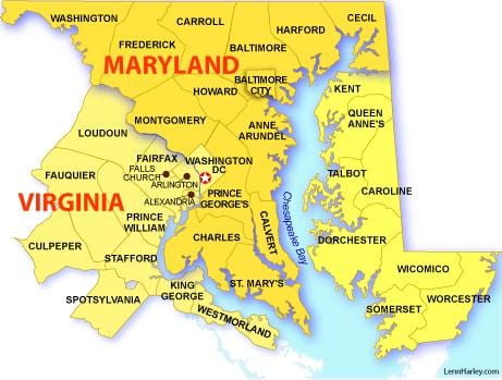mapa de maryland, virginia i washington dc