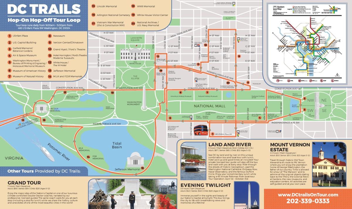 washington dc hop on hop off autobús mapa de rutes
