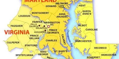 Mapa de maryland, virginia i washington dc
